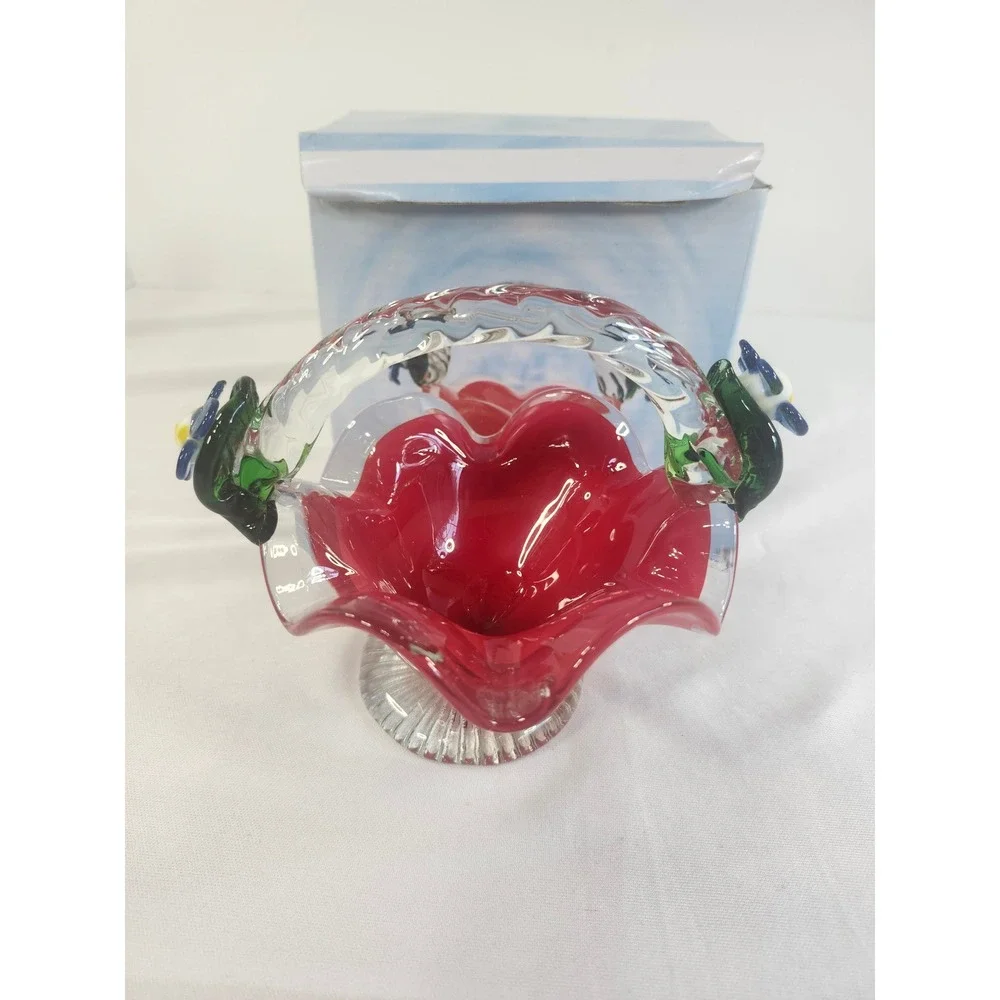 Red Art Glass Basket Hand Blown Ruffled Edge Flower Accents Clear Handle Boxed